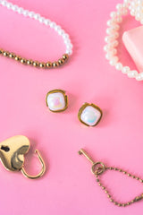 Gold Trim Pearl Square Stud Earrings