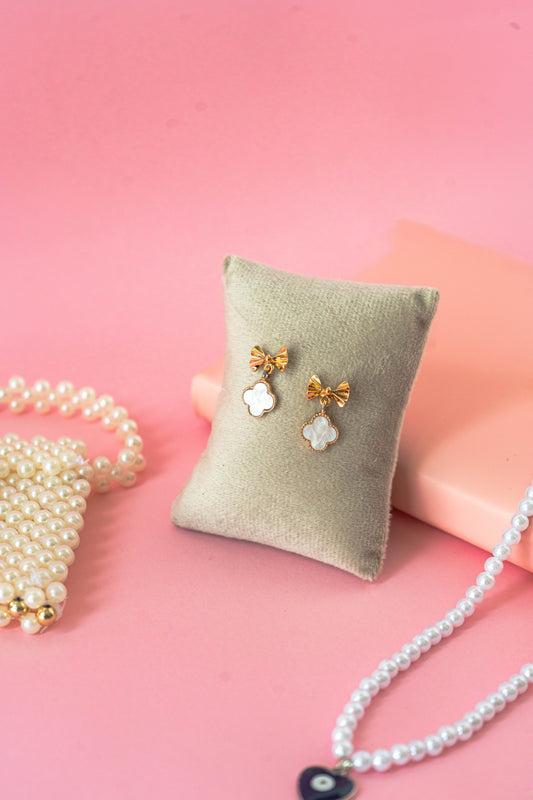 Pearl Clover Bow Earrings