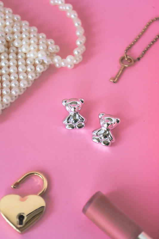 Silver Teddy Bear Stud Earrings