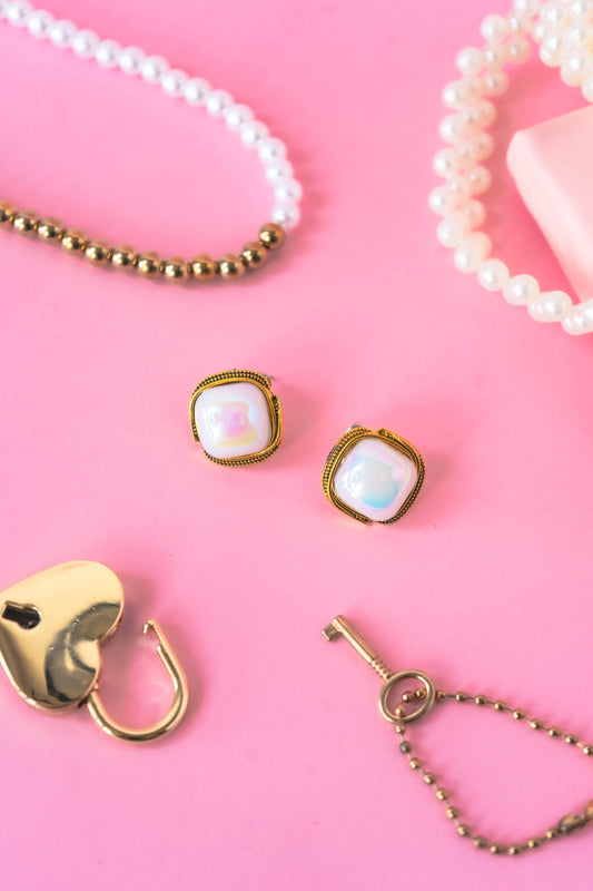 Gold Trim Pearl Square Stud Earrings