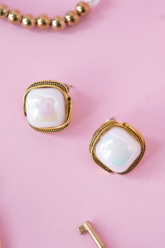 Gold Trim Pearl Square Stud Earrings